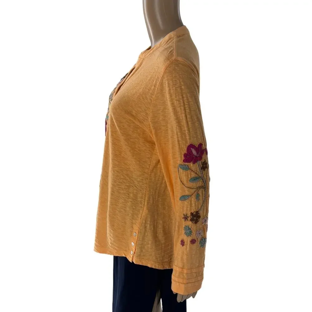 Soft Surroundings Orange Antalya Striped Floral Embroidered Henley Top